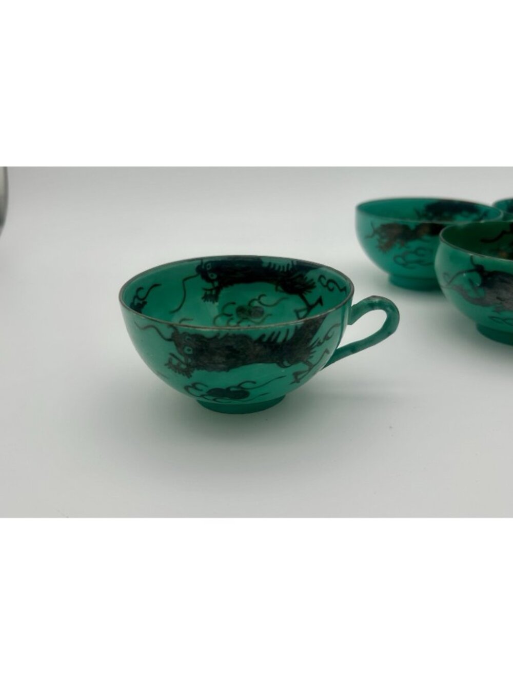 4 Hand Painted Japanese Porcelain Teacups w/Saucers & 2 Plates 7"-Teal Dragons - Picture 14 of 16